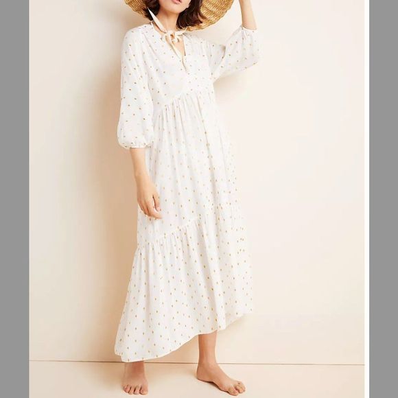 Anthropologie Dresses & Skirts - ANTHROPOLOGIE Augustin tiered maxi dress white with gold polka dots size small